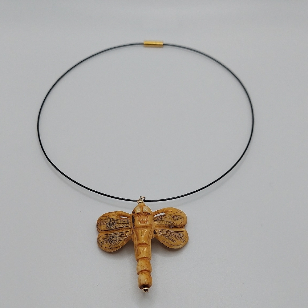 Vintage Bone Dragonfly Pendant Torque Wire Necklace.
